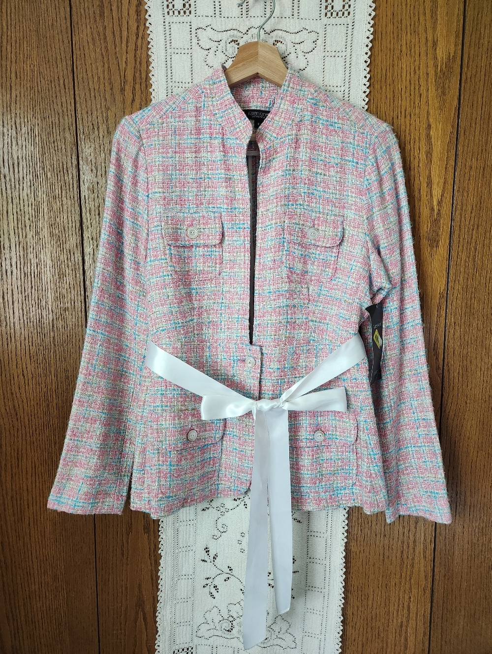Karen Kane Pink Blue Tweed Belted Blazer NWT
